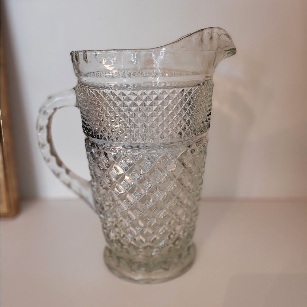Vintage Glass Pitcher, Large w Crystal-like Cut Design